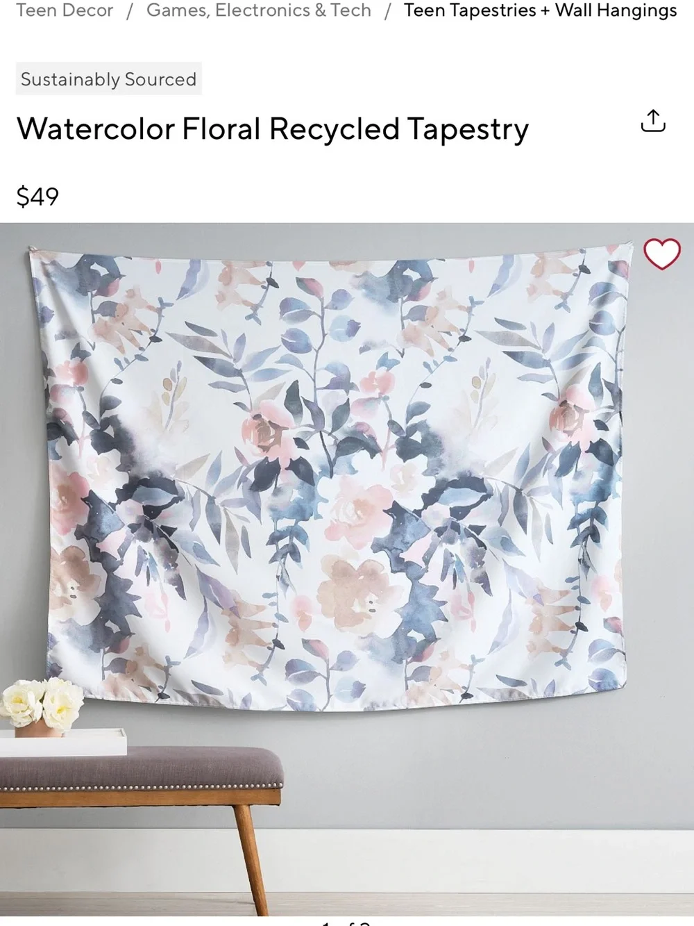 Pottery Barn Floral Watercolor Tapestry in Purple, Pink, Cream